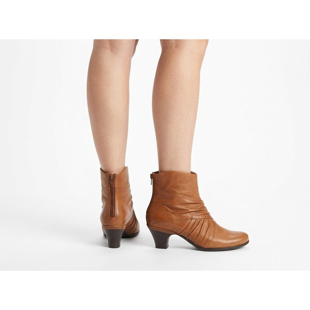Cobb Hill Rockport Shannon Ankle Boots Womens 10W Tan Leather Ruched Zip Heeled